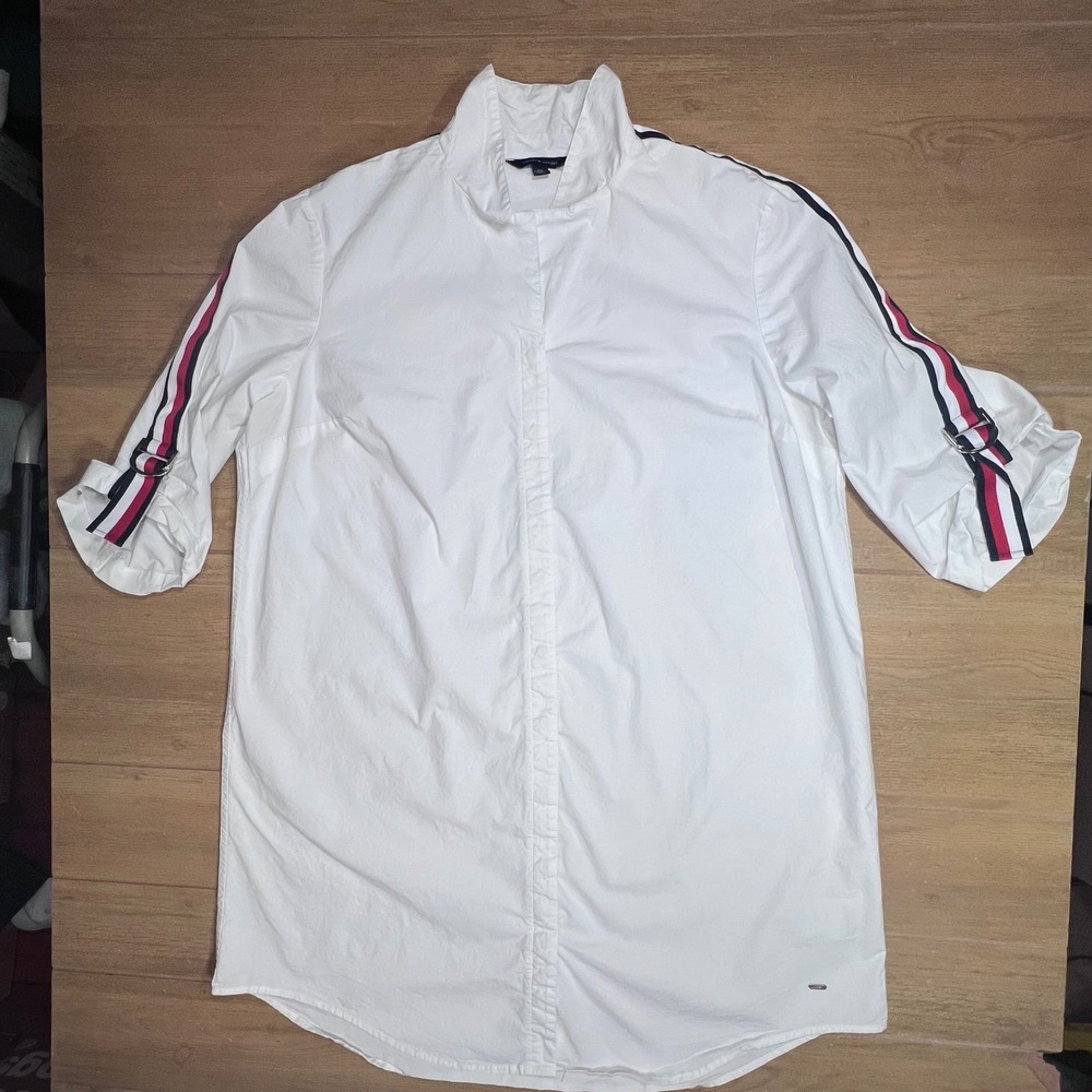 Tommy‎ Hilfiger White Cotton Poplin Stripe Sleeve D-Ring Shirt Dress XXL 76A8298